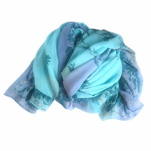 VINTAGE Scarf Womens Extra Long Sheer Chiffon Teal Blue Floral Accessories